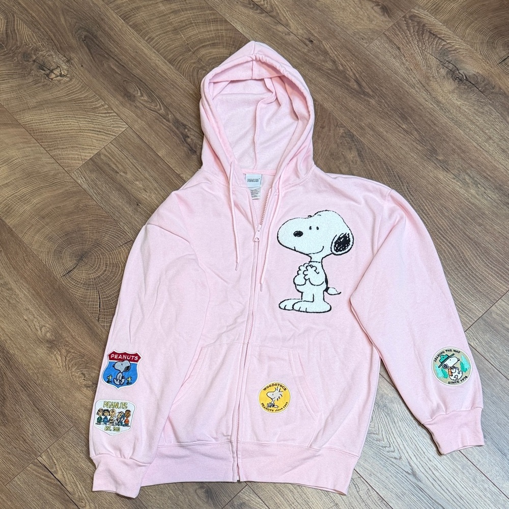 Peanuts Light Pink Snoopy Hoodie with patches. Size Small and like new.